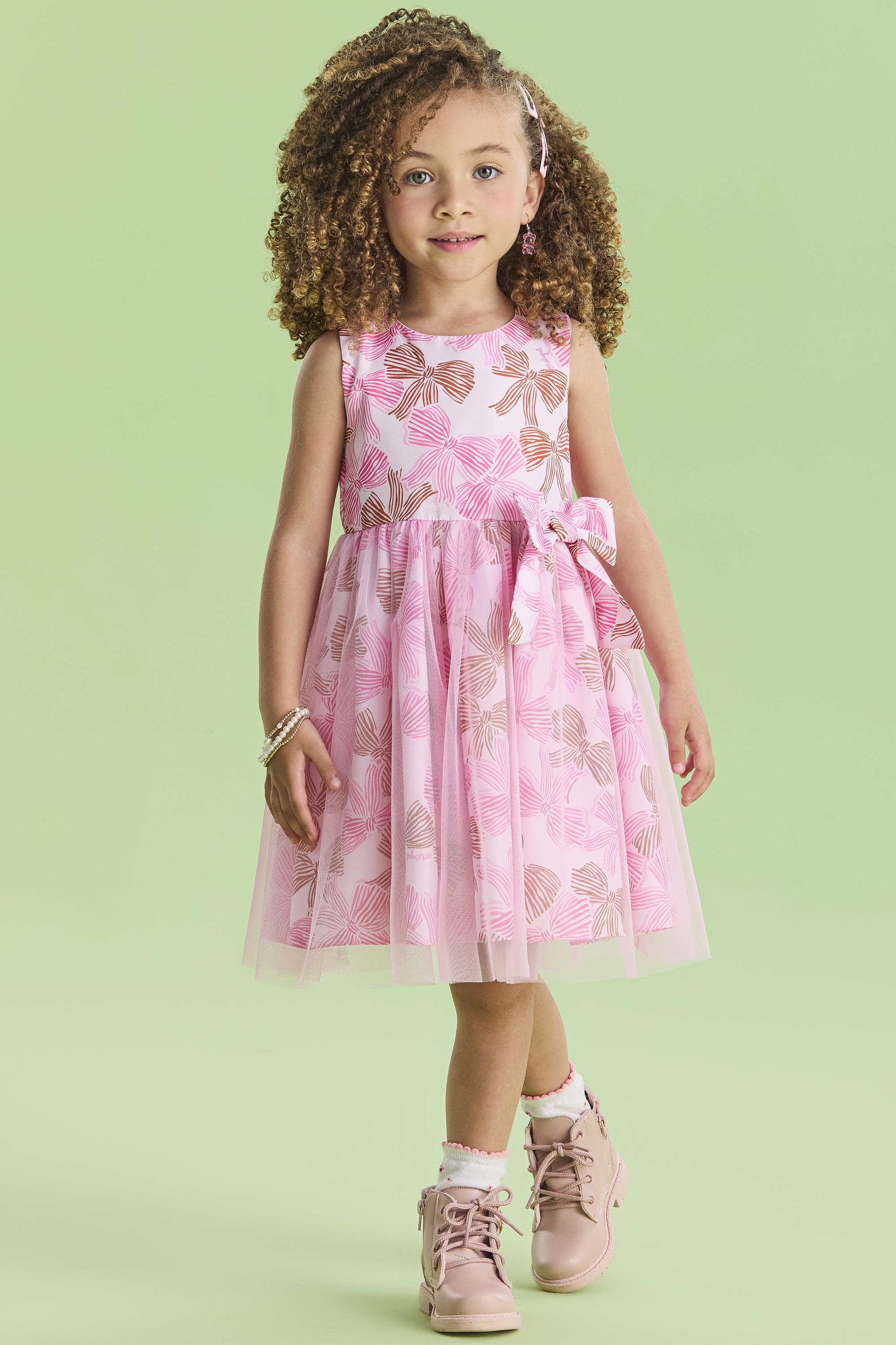 VESTIDO FESTA INFANTIL ESTAMPADO COM SAIA SOBREPOSTA DE TULE E LAÇO